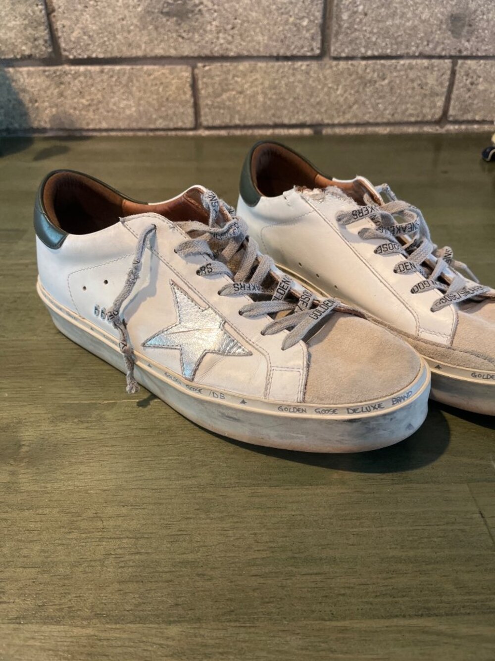 Golden Goose Hi Star Sneakers Unisex Distressed White & Green Leather With Silve